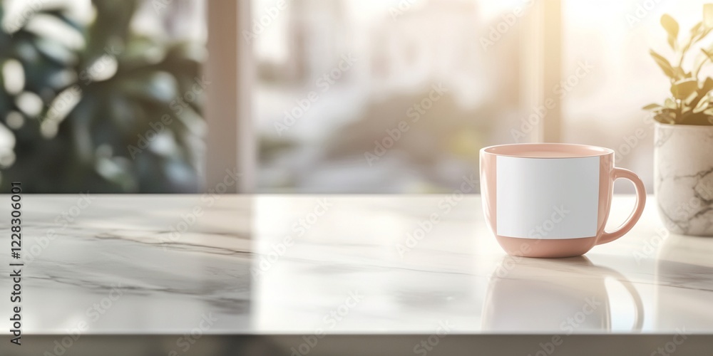 Fototapeta premium Modern Coffee Cup Mock-Up on Marble Countertop with Blank Label – High-End Design and Natural Lighting for Stylish Product Presentation