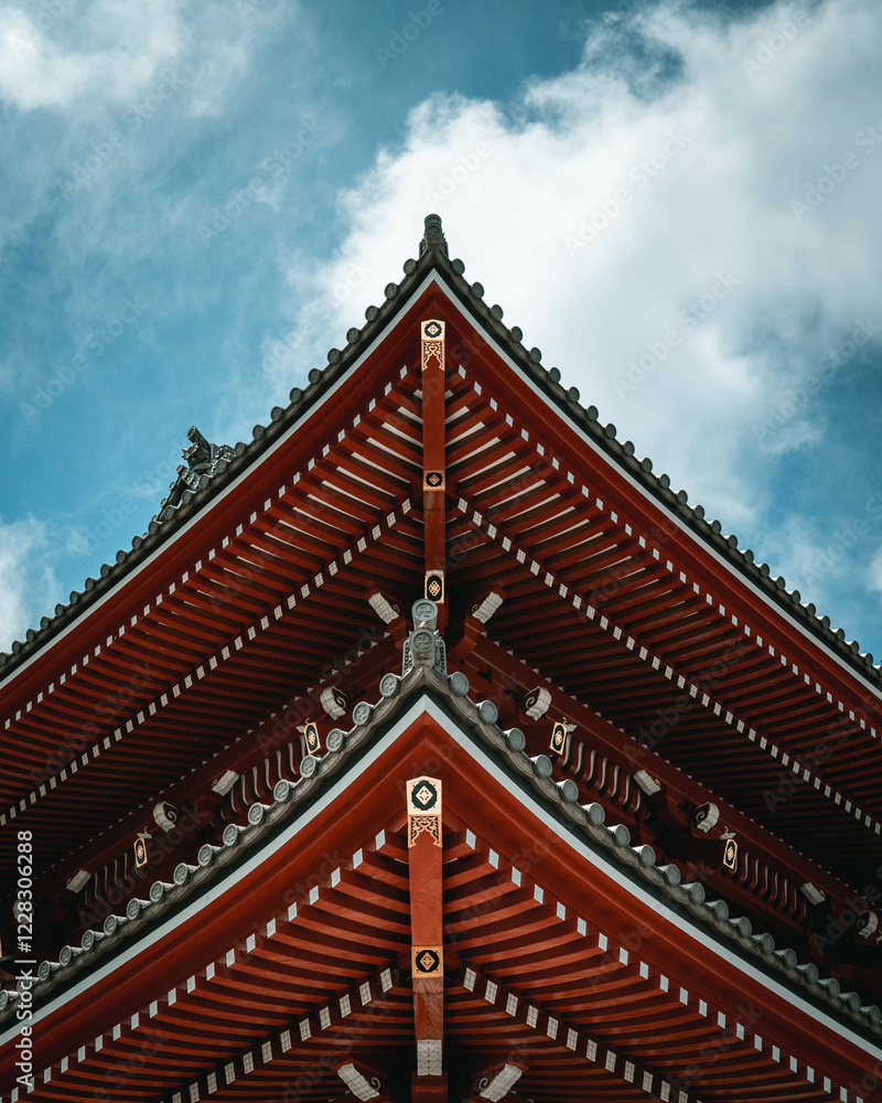 Traditional Japanese temple roof with intricate wooden details against blue sky Traditional Japanese temple roof with intricate wooden details against blue sky