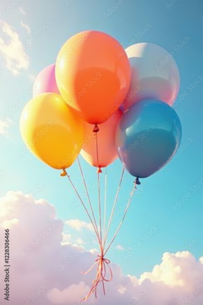 Brightly colored balloons float on a pastel sky, flyer, summer Brightly colored balloons float on a pastel sky, flyer, summer