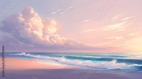 Serene pastel hued beach scene with a picturesque sunset and gentle ocean breeze soft sandy shores azure waves lapping at the coast wispy cirrus clouds drifting overhead. Sapphire Shores. Illustration photo