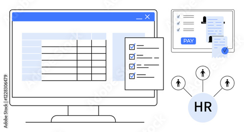 Computer monitor displaying table alongside checklist, tablet showing payroll process with employee profiles, and HR hub icon connecting to individuals. Ideal for payroll systems, HR management