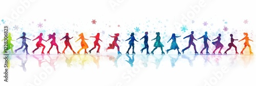 Vector illustration of a line of people skating over white background.