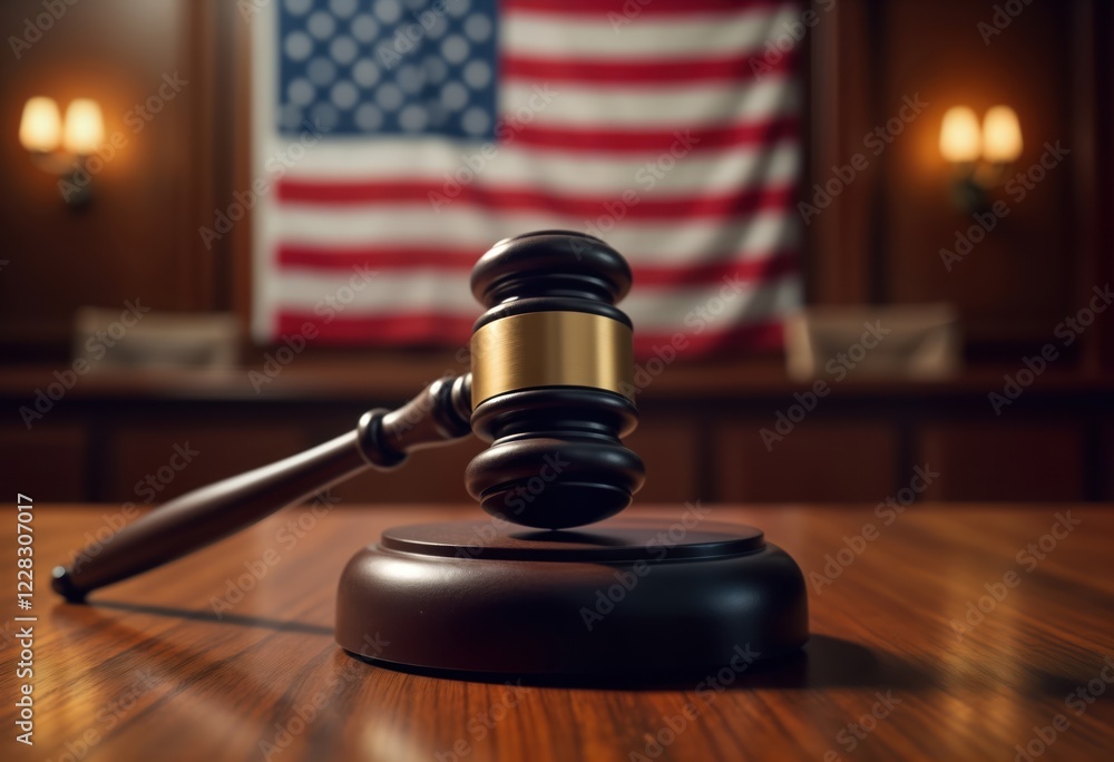 Judge mallet sits on wooden table in American courtroom. American flag in background justice in American legal system. Legal authority, impartiality highlighted. Decision-making process emphasized. Judge mallet sits on wooden table in American courtroom. American flag in background justice in American legal system. Legal authority, impartiality highlighted. Decision-making process emphasized.