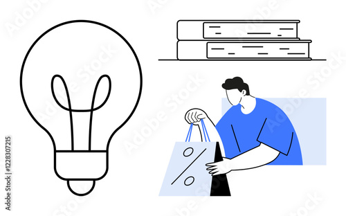 Light bulb, stack of books, man holding shopping bags with a discount symbol. Ideal for creative thinking, learning, education, shopping, commerce discounts innovation themes. Line metaphor photo