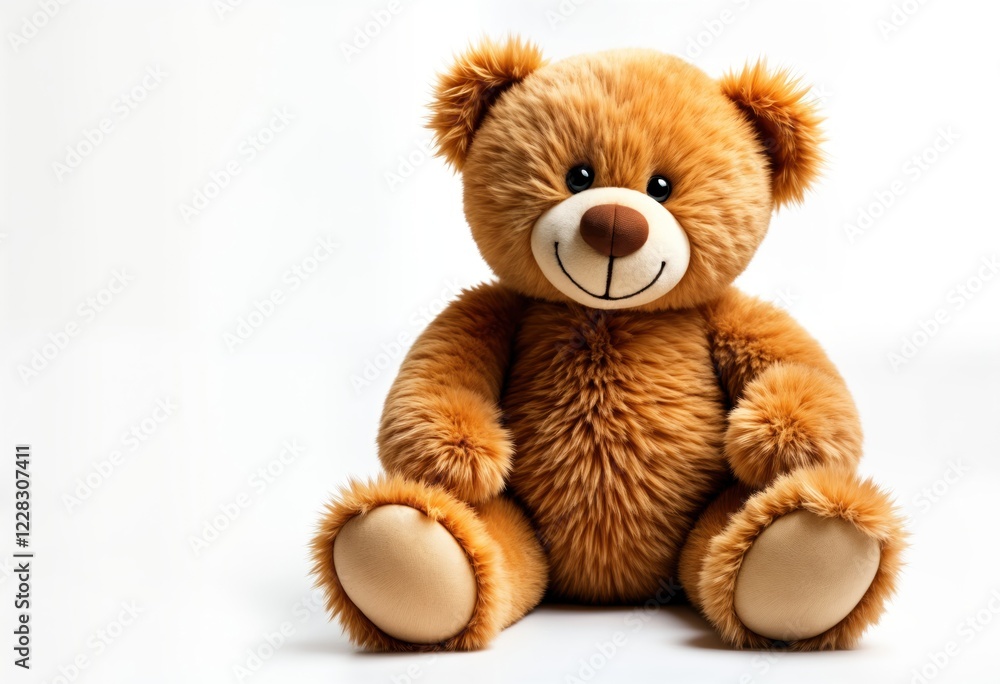 Fototapeta premium Brown teddy bear sits on white background. Cute plush toy looks happy, cuddly. Soft fur gives sense of calmness, playfulness. Isolated object perfect for kids room decoration. Great gift for holidays