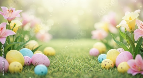 Wallpaper Mural Colorful easter eggs and spring flowers on vibrant green grass in sunlight Torontodigital.ca