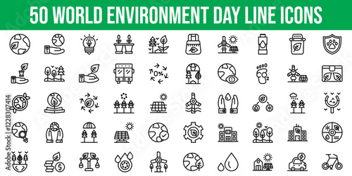 Set of 50 Outline Icons Related to World Environment Day. Line Icon Collection. Editable stroke. Vector illustration