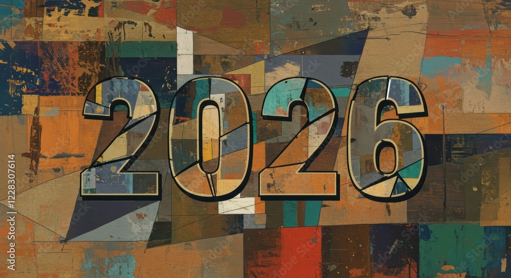 Obraz premium Colorful abstract art collage featuring bold 2026 numbers on geometric pattern