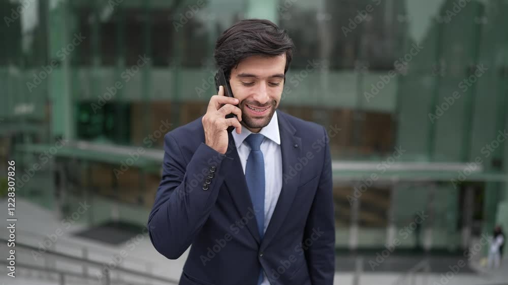 Skilled caucasian project manager calling phone while walking at city with blurred background. Skilled businessman using smart phone talking to project manager with blurred background. Exultant. Skilled caucasian project manager calling phone while walking at city with blurred background. Skilled businessman using smart phone talking to project manager with blurred background. Exultant.