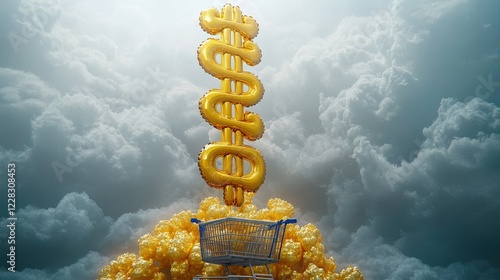 Golden DNA Helix with Shopping Cart in Cloudy Sky - Surreal Art Depicting Consumerism and Science, Gold Genes, Cloudy Background, Artistic Symbolism, Innovation photo