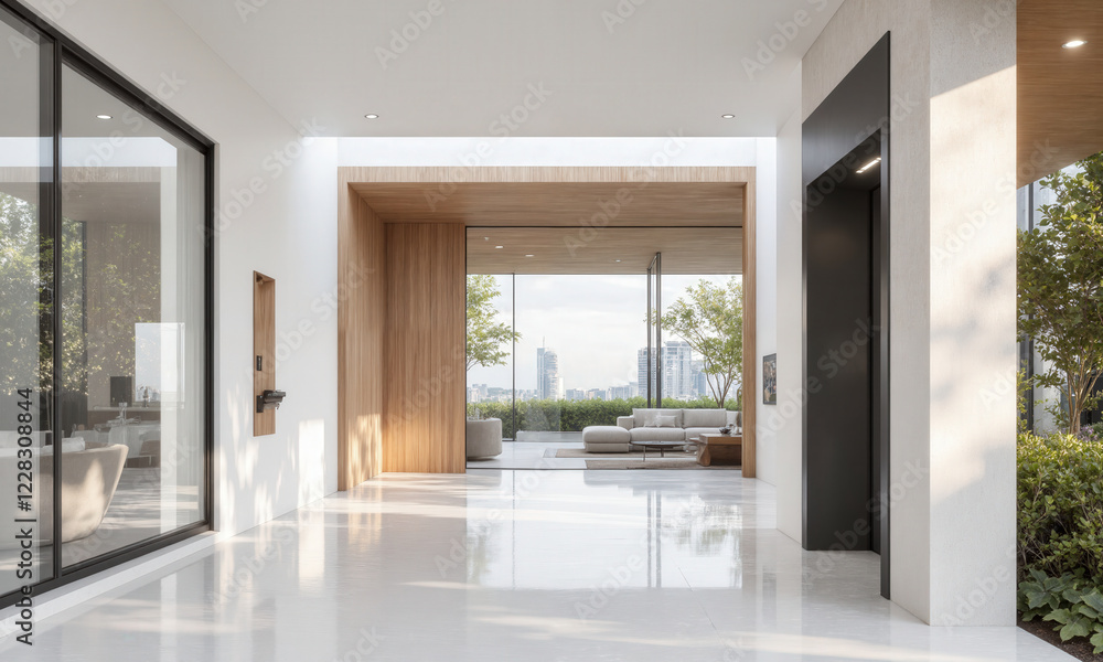 Obraz premium Smart home entrance in crystal white, featuring AI-assisted security systems that monitor visitors and adjust lighting based on time