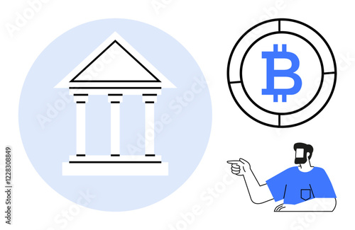 Greek-style bank building with pillars within light blue circle, black outlined Bitcoin cryptocurrency coin, man in blue shirt pointing. Ideal for finance, banking, cryptocurrency, investment