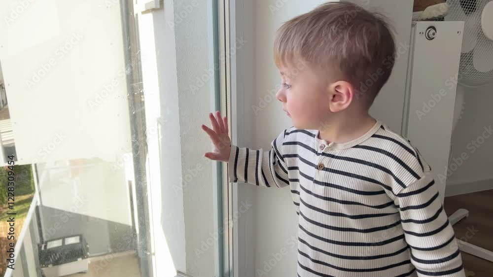 A small child stands by the window in the apartment and looks at the view of the yard from above A small child stands by the window in the apartment and looks at the view of the yard from above