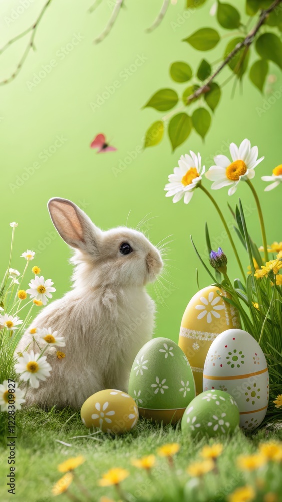 Fototapeta premium Cute bunny with decorated easter eggs in springtime floral meadow