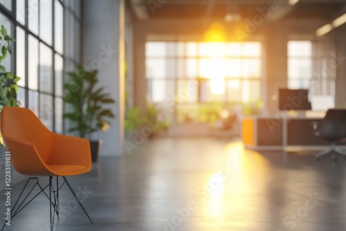 In a sleek and modern office setting, a single orange office chair grabs attention in the foreground, instilling a sense of productivity, innovation, and professionalism. photo