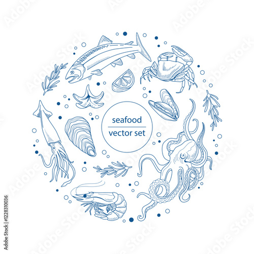 Set of linear seafood isolated on white background in a circle. Octopus, shrimp, langoustines, salmon, trout, oysters, mussels, squid, crabs, lemon. Hand drawn vector illustration of sea delicacies.