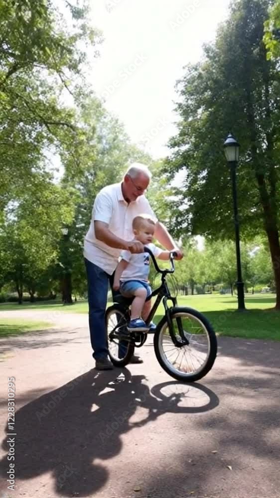video of grandfather teaching grandson to ride bike in park video of grandfather teaching grandson to ride bike in park
