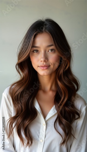 Beautiful woman with long wavy hair looks directly at camera. Wears simple white shirt. Portrait shot shows healthy skin, beautiful makeup. Elegant, attractive. Focus on beauty, fashion, style. Woman