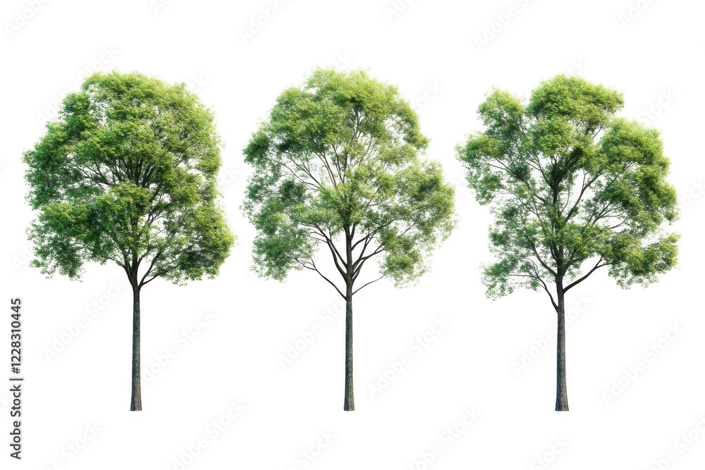 Obraz premium Three Trees Stand Tall Against a Black Backdrop, Displaying Lush Green Foliage and Strong Trunks. Forest Concepts.