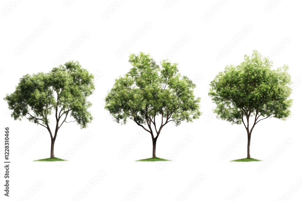 Three Trees Stand on Grass Patches with Lush Green Foliage, Isolated on Black Background, Growth and Tranquility Theme. Three Trees Stand on Grass Patches with Lush Green Foliage, Isolated on Black Background, Growth and Tranquility Theme.