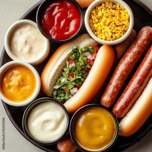 Hot dog sausage served on a platter with assorted dipping sauces and toppings photo