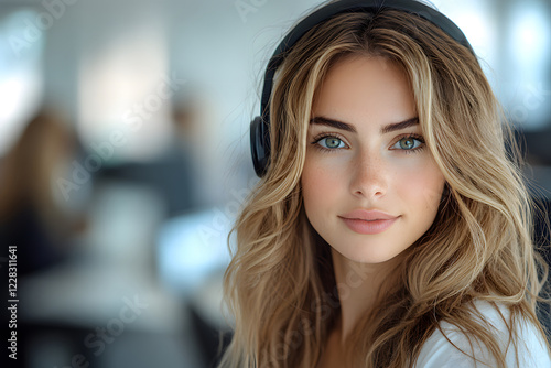 Wallpaper Mural A young woman with long blonde hair in headphones is focused while working in a modern office Torontodigital.ca