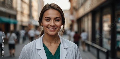 female pharmacist on busy urban street background