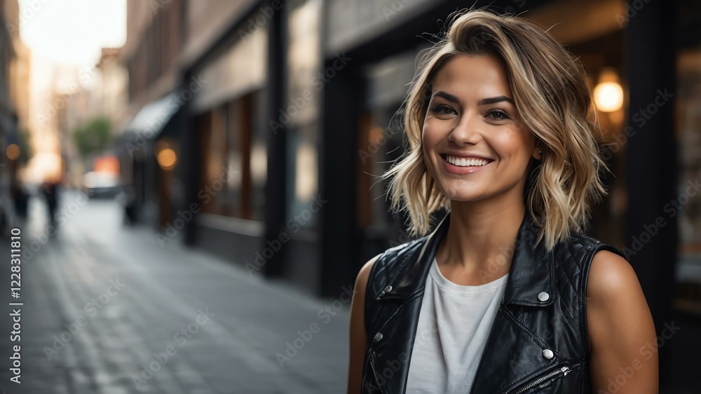 Fototapeta premium female hair stylist on busy urban street background