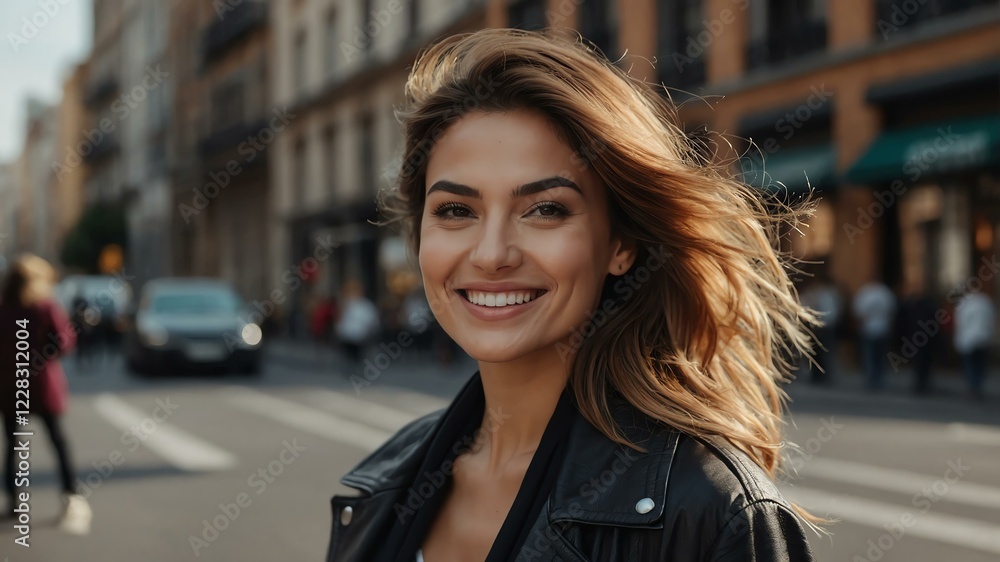 female fashion designer on busy urban street background female fashion designer on busy urban street background