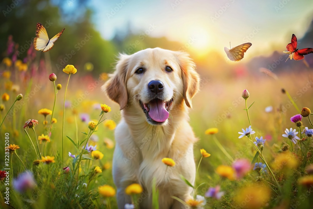 Playful Golden Retriever Puppy Chasing Butterflies in Sunny Meadow - Stock Photo Playful Golden Retriever Puppy Chasing Butterflies in Sunny Meadow - Stock Photo