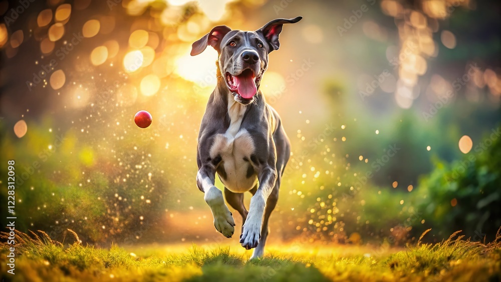 Playful Great Dane Missing Ball, Eyes Closed, Bokeh Background - Horizontal Stock Photo Playful Great Dane Missing Ball, Eyes Closed, Bokeh Background - Horizontal Stock Photo