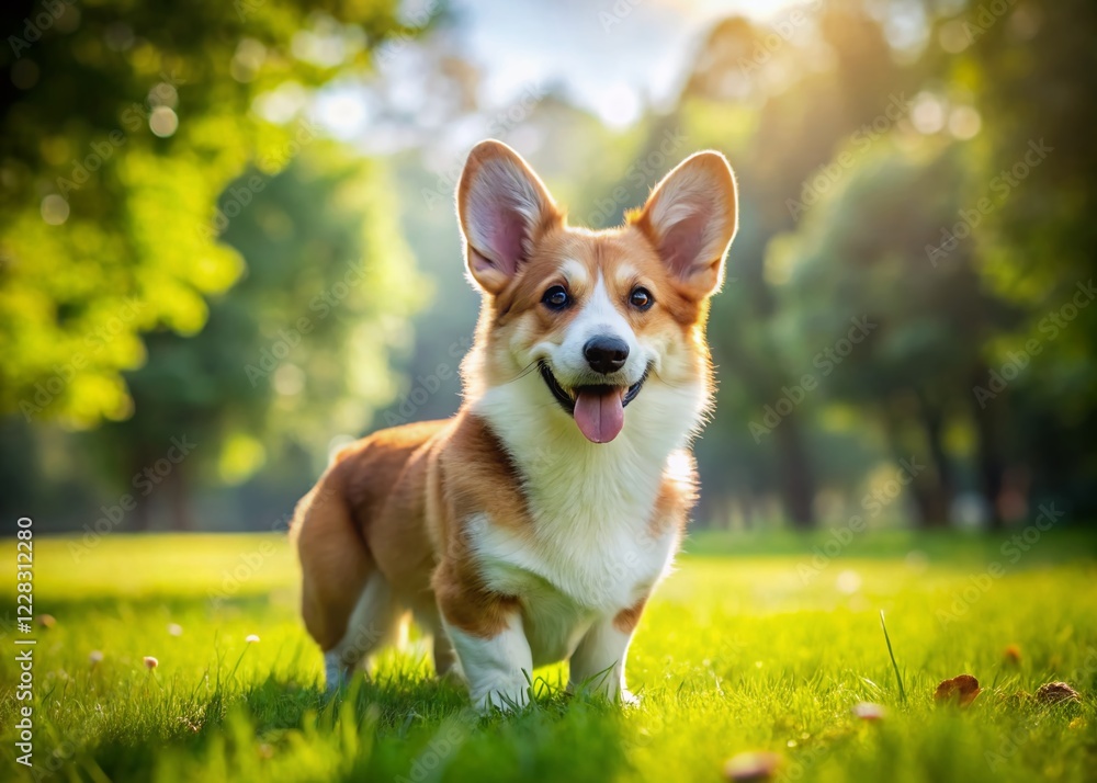 Playful Pembroke Corgi Puppy in Sunny Park - Panoramic Side View Playful Pembroke Corgi Puppy in Sunny Park - Panoramic Side View