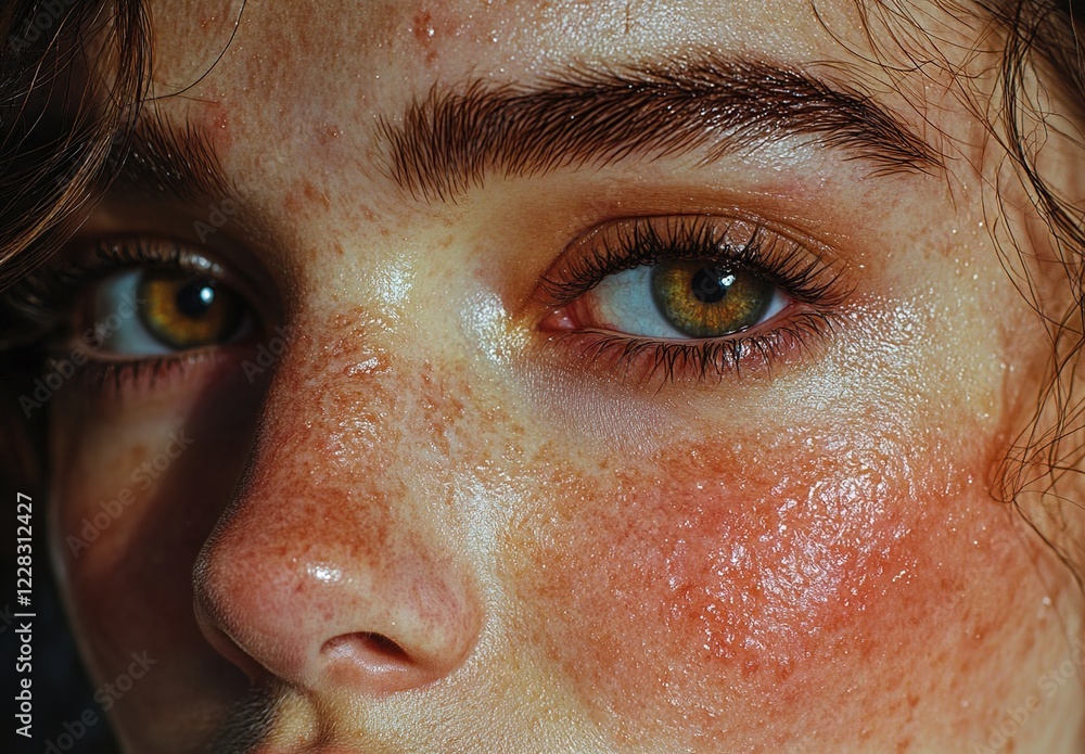 A close-up of the face and neck area, highlighting redness on one cheek in an unattractive woman with dry skin. A close-up of the face and neck area, highlighting redness on one cheek in an unattractive woman with dry skin.