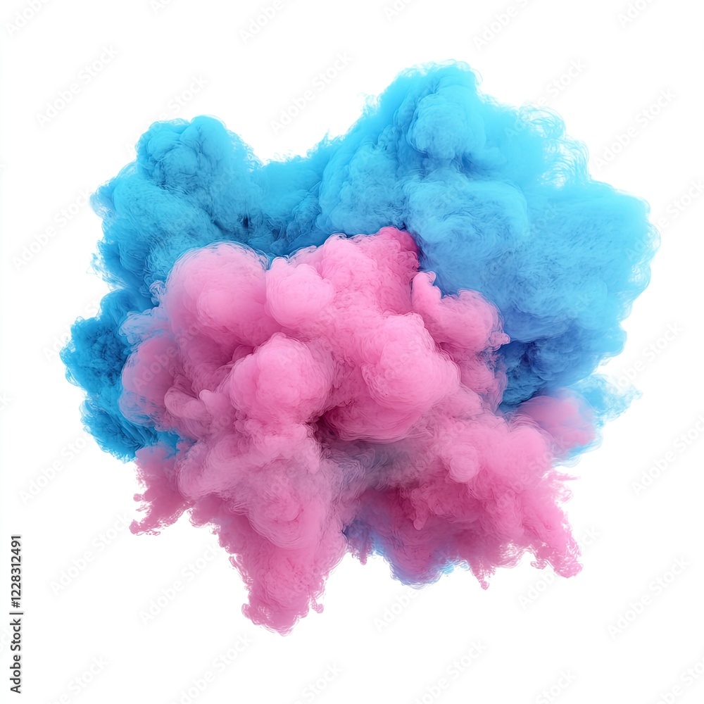 Fototapeta premium Vibrant pink and blue smoke cloud merging together creating a stunning abstract visual effect on a white background