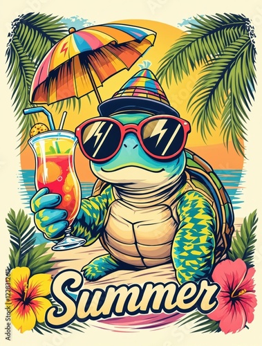 Cool turtle enjoying tropical beach with refreshing drink and summer vibes