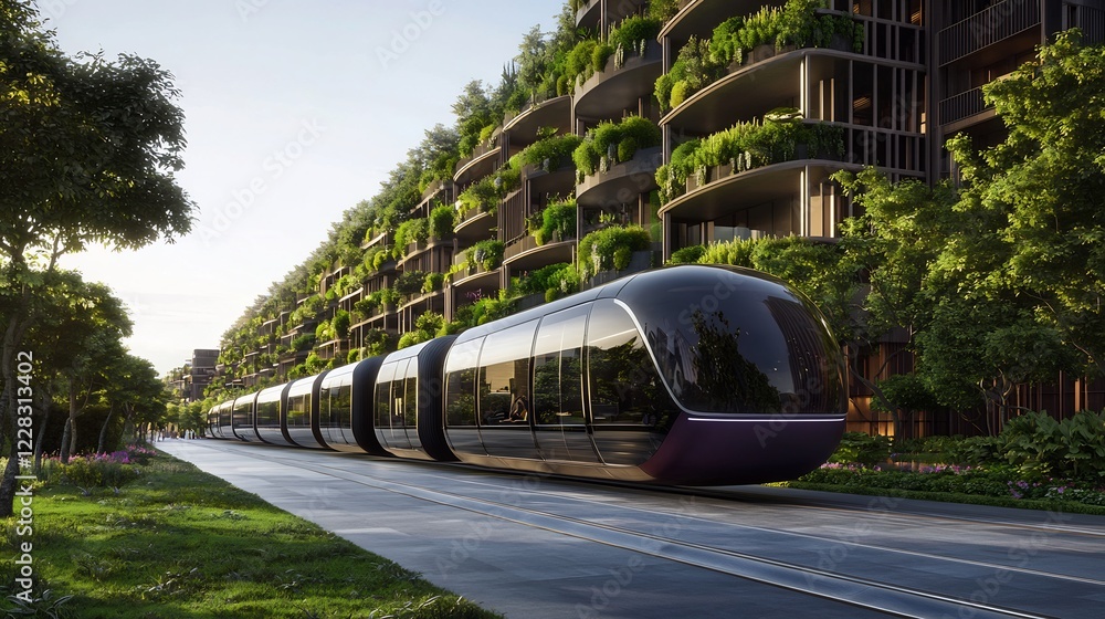 Naklejka premium Modern tram gliding through a lush urban landscape with green architecture and vibrant foliage