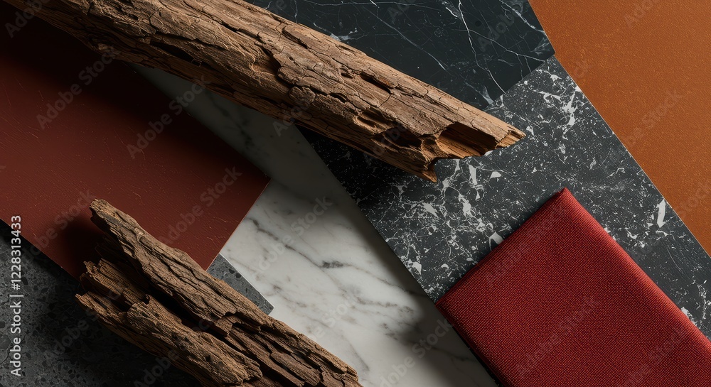 Natural wood and marble textures with contemporary geometric patterns on earth tone backgrounds Natural wood and marble textures with contemporary geometric patterns on earth tone backgrounds