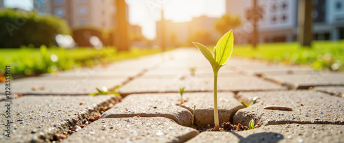 Resilient sprout growing through stone path in urban park, hopefulness photo