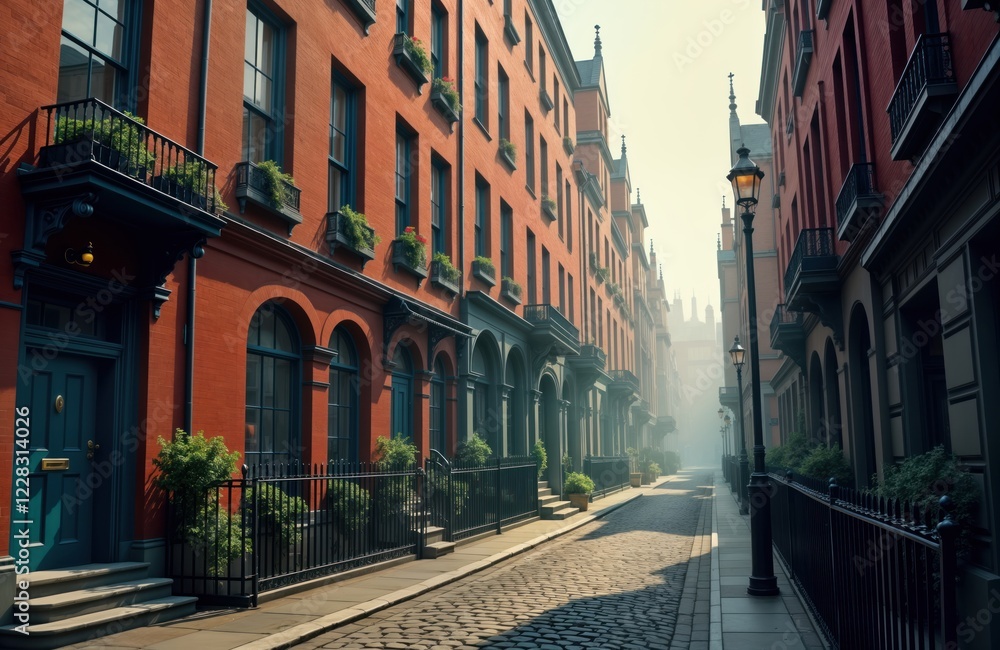 Fototapeta premium Victorian London street scene. Old buildings line narrow cobbled alley. Facades ornate windows, doors. Dark green doors, metal fences create vintage atmosphere. Light mist hangs in air. Morning light