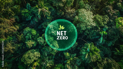 Net zero and carbon neutral concept.Net Zero text in bubbles with forest. for net zero greenhouse gas emissions target Climate neutral long term strategy on a green background. Carbon Neutrality photo