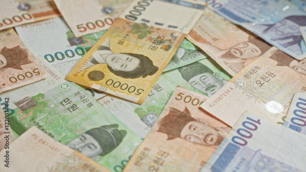 South korean won banknotes displayed in a scattered layout highlighting various denominations with distinct colors and cultural elements of south korea. South korean won banknotes displayed in a scattered layout highlighting various denominations with distinct colors and cultural elements of south korea.