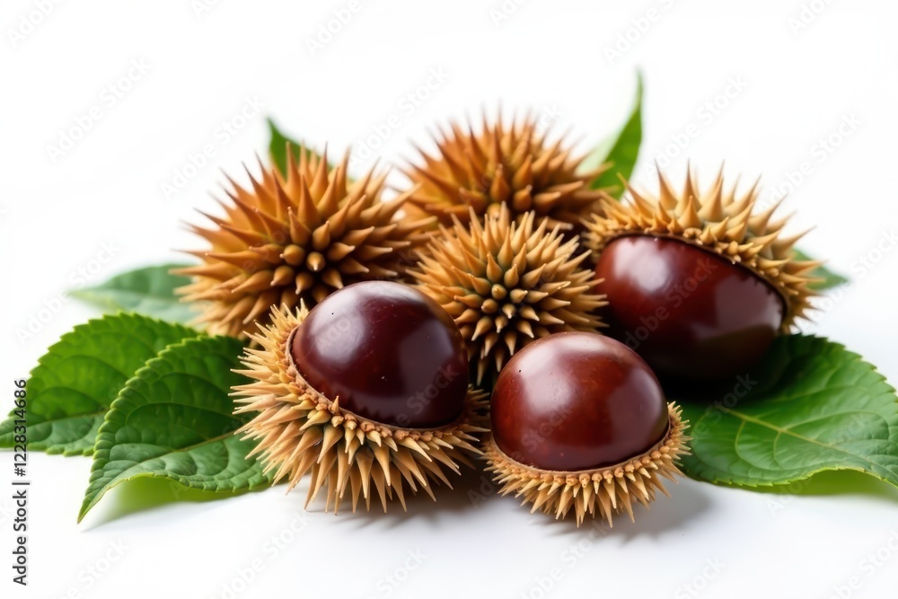 Several chestnuts surrounded by their spiky casings and leaves, against a pure white backdrop , green, vibrant, nut Several chestnuts surrounded by their spiky casings and leaves, against a pure white backdrop , green, vibrant, nut