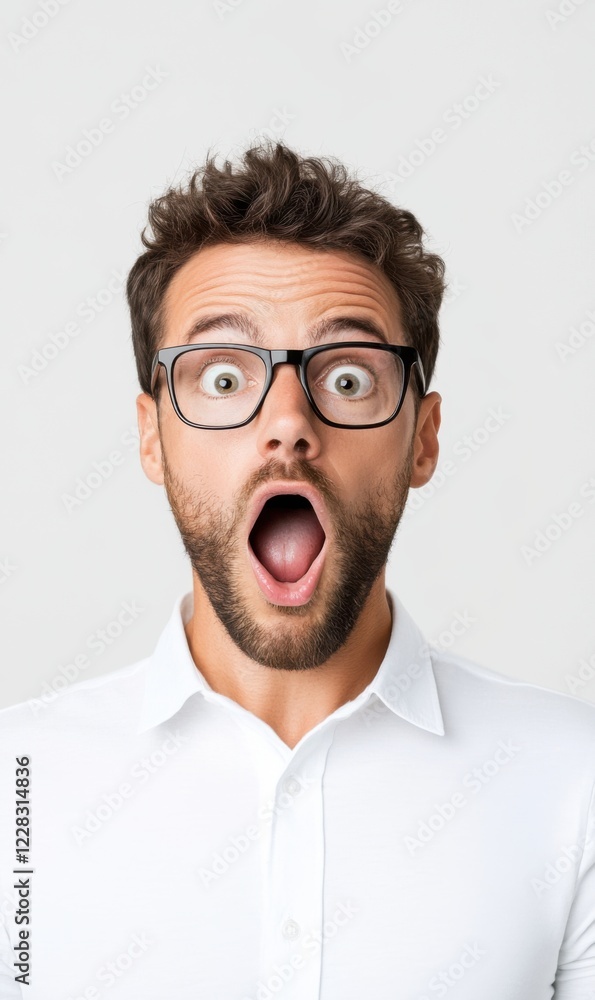 Surprised Man with Glasses Expressing Astonishment in a Neutral Indoor Space Surprised Man with Glasses Expressing Astonishment in a Neutral Indoor Space