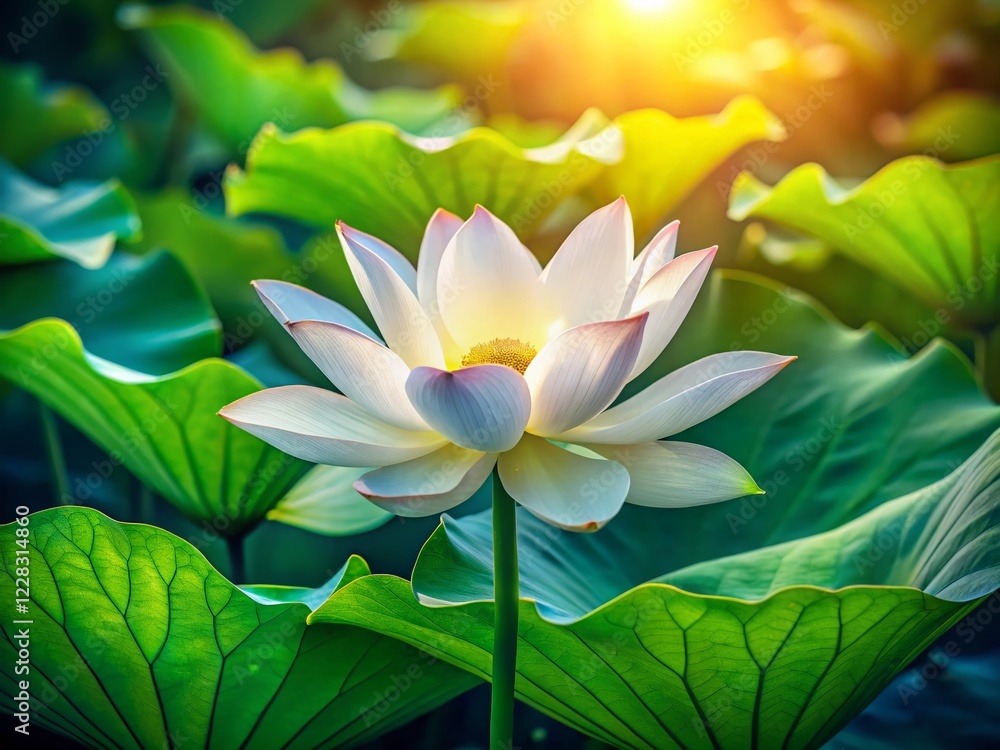 Obraz premium Pure White Lotus Flower with Green Leaves - Peaceful Water Lily Bloom Stock Photo