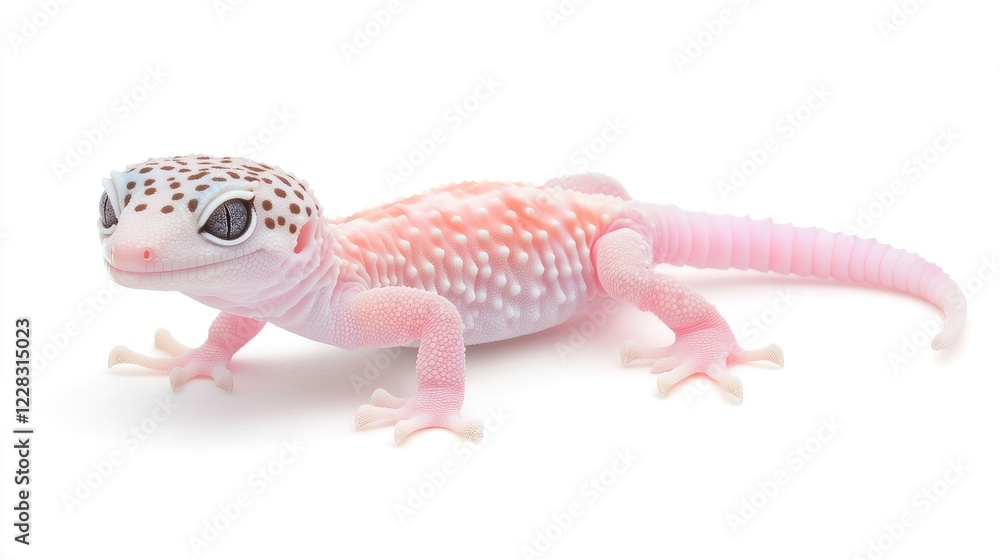Naklejka premium Vibrant Pink and White Gecko with Unique Spotted Pattern on a Solid White Background