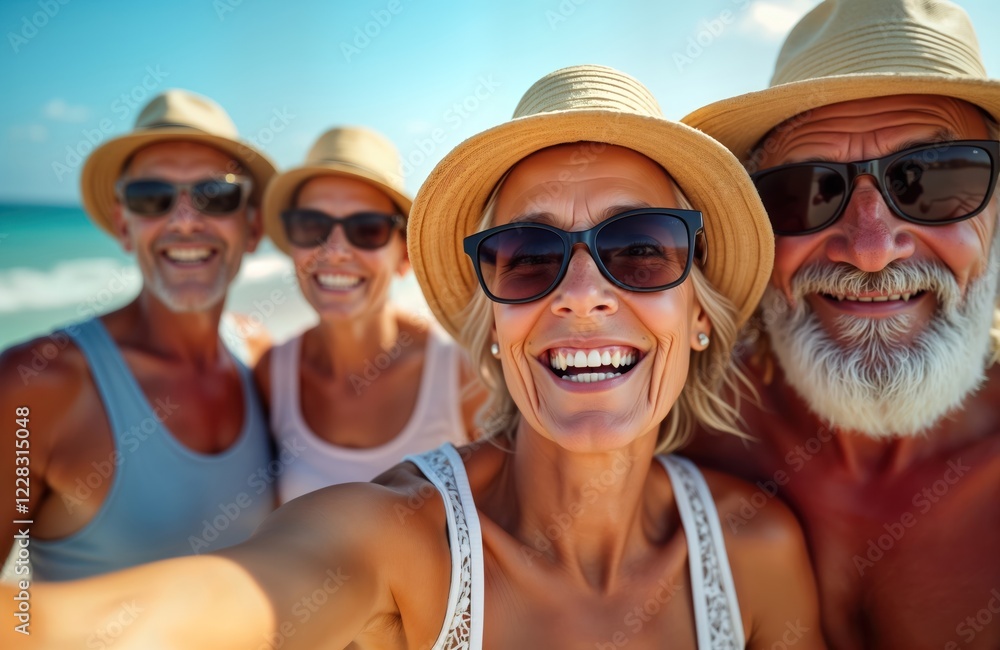 Group of senior people happily taking selfie on beach during summer vacation. Wearing sunglasses, hats. Smiling, looking at camera. Scene suggests joy, happiness in retirement. Group of friends Group of senior people happily taking selfie on beach during summer vacation. Wearing sunglasses, hats. Smiling, looking at camera. Scene suggests joy, happiness in retirement. Group of friends