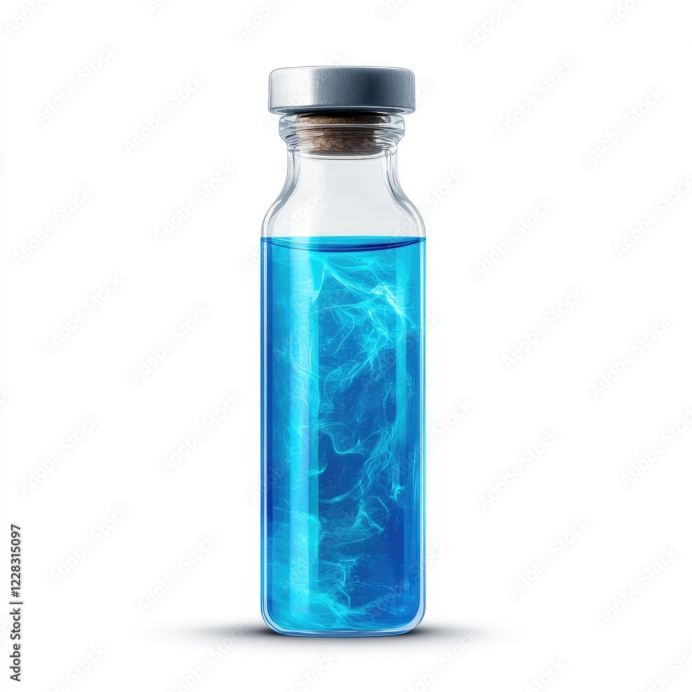 Bright Blue Liquid in Transparent Glass Bottle with Cork Stopper and Ethereal Swirls Inside for Creative Design Bright Blue Liquid in Transparent Glass Bottle with Cork Stopper and Ethereal Swirls Inside for Creative Design