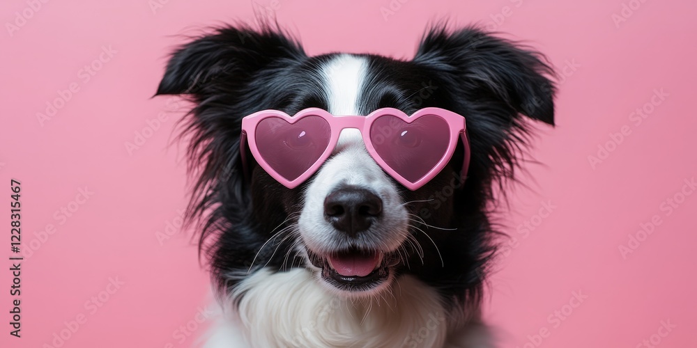 Fototapeta premium Cute Border Collie dog wearing pink heart-shaped glasses on a soft pink background. Great for Valentine's Day campaigns or pet-themed promotions.