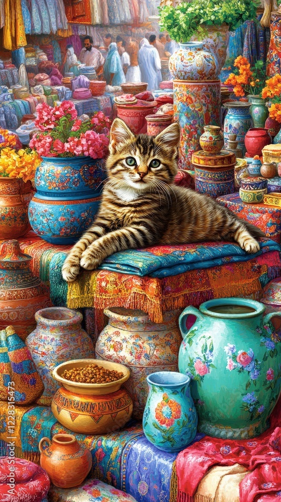 Charming Tabby Cat Relaxing on Vibrant Tapestries Among Colorful Ceramic Pots and Flowers in a Lively Market - Perfect Blend of Feline Beauty and Artistic Flair Charming Tabby Cat Relaxing on Vibrant Tapestries Among Colorful Ceramic Pots and Flowers in a Lively Market - Perfect Blend of Feline Beauty and Artistic Flair