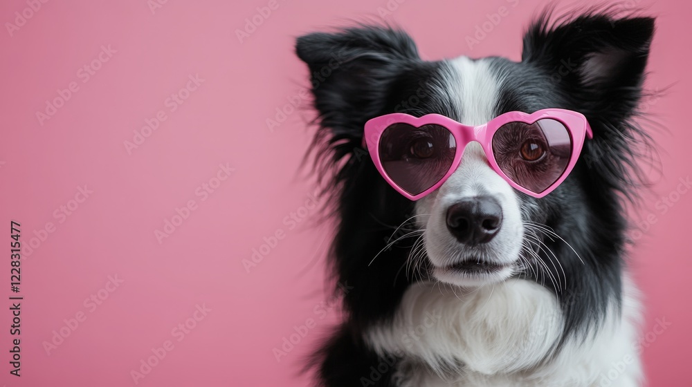 Fototapeta premium Cute Border Collie dog wearing pink heart-shaped glasses on a soft pink background. Great for Valentine's Day campaigns or pet-themed promotions.